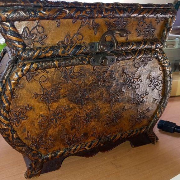 VINTAGE leather encased trunk style JEWELRY BOX